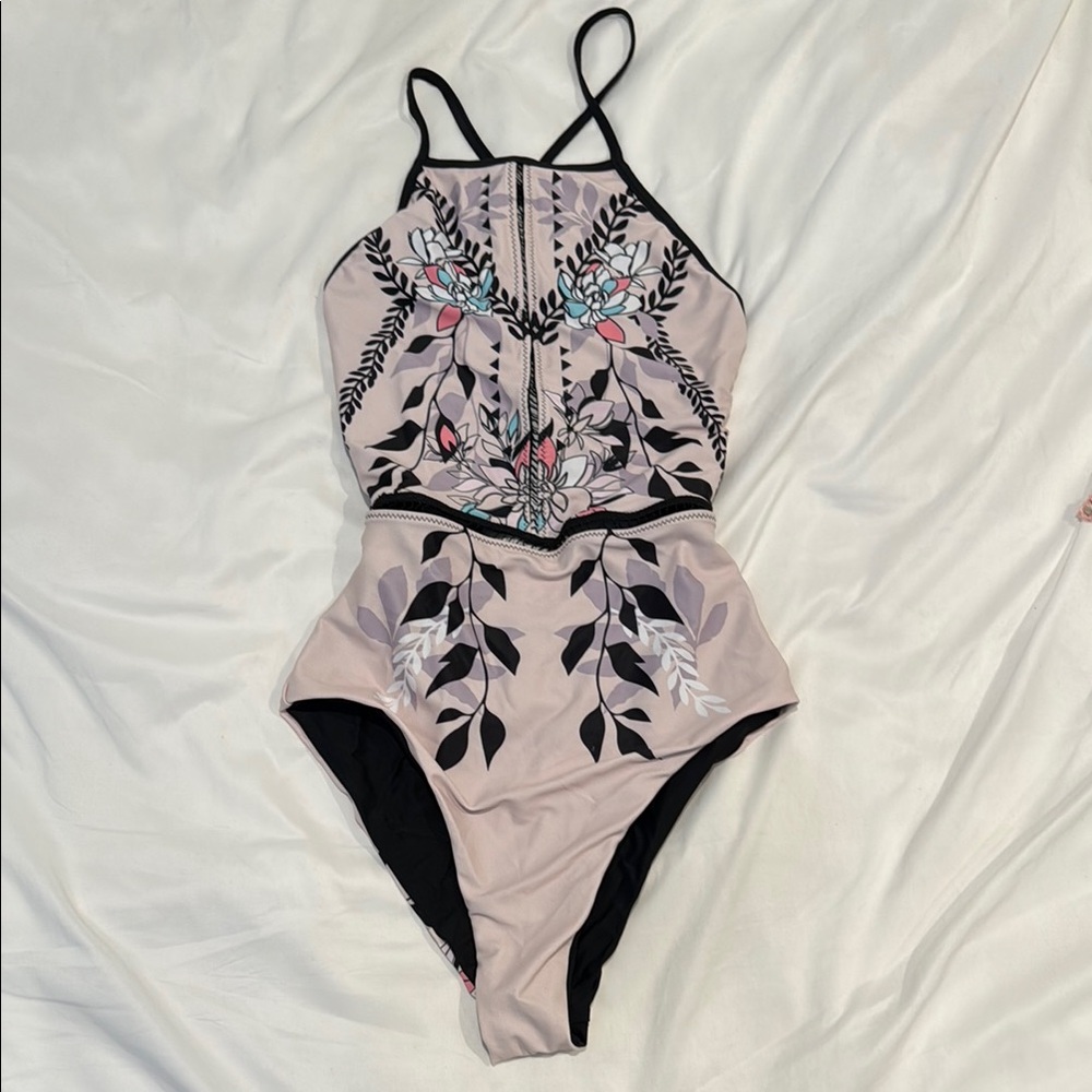 Floral High-Neck One-Piece Swimsuit — Blush Pink reversible to black